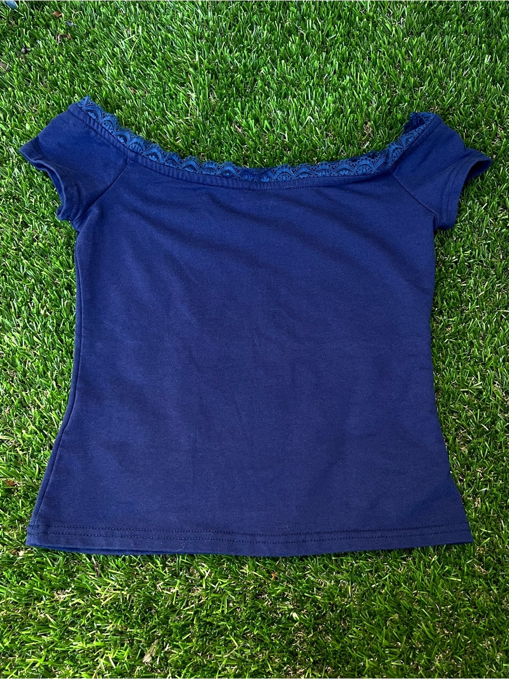 Edikted Navy Off-the-Shoulder Lace Trim Crop Top